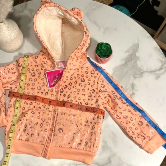 Girls Leopard Print Zip Hoodie Sherpa Lined Peach Pink Jacket Size 2T - Picture 3 of 14
